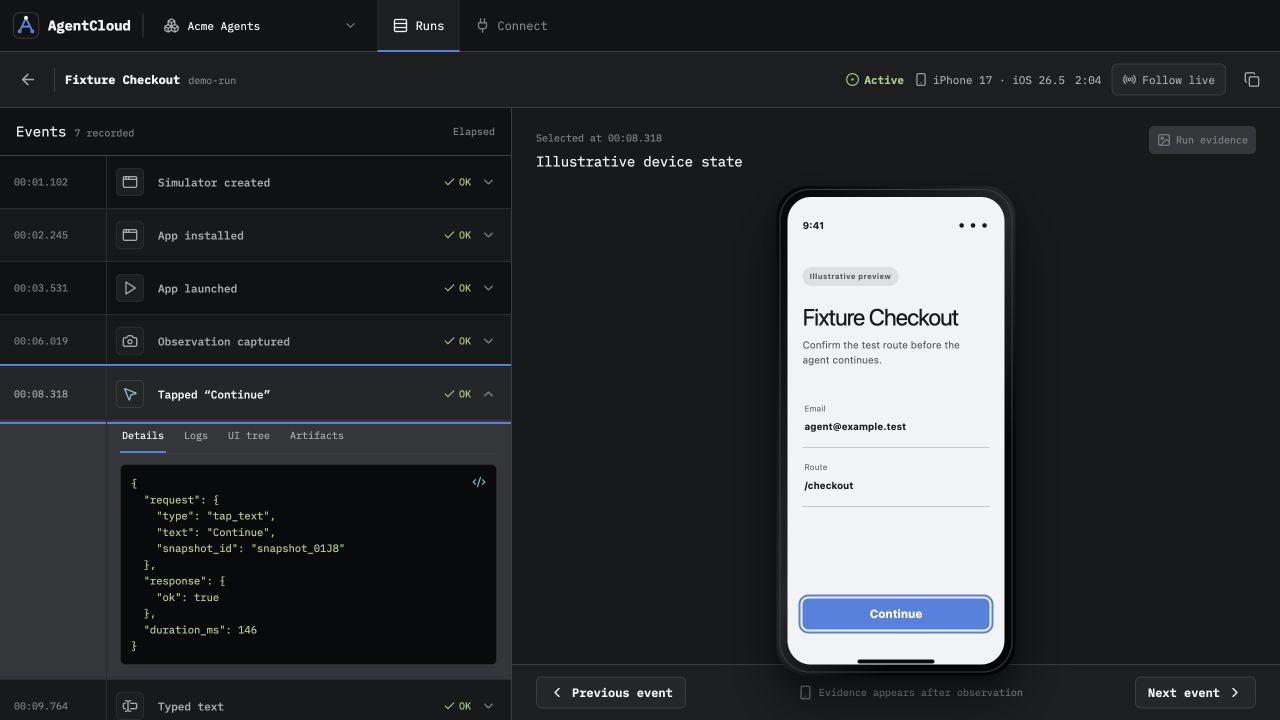 The real AgentCloud run inspector with the Tapped Continue event selected beside its iPhone evidence.