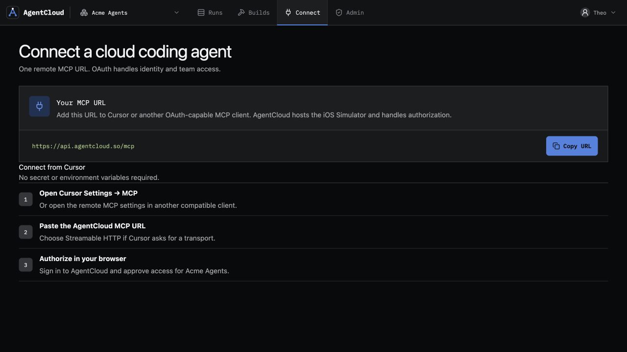 AgentCloud Connect screen showing the team MCP URL and OAuth connection steps.