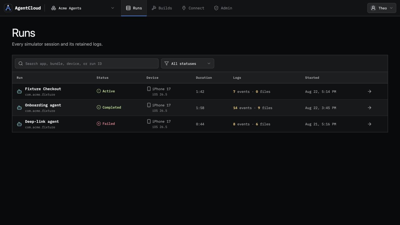 AgentCloud Runs screen listing active, completed, and failed Simulator sessions.